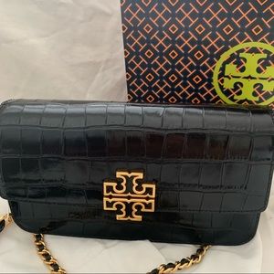 NEW Tory Burch Britten Croc Leather black Chain Wallet Wristlet/crossbody bag